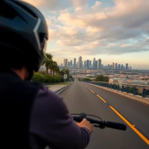 A cyclist riding through San Diego with a vibrant city backdrop.