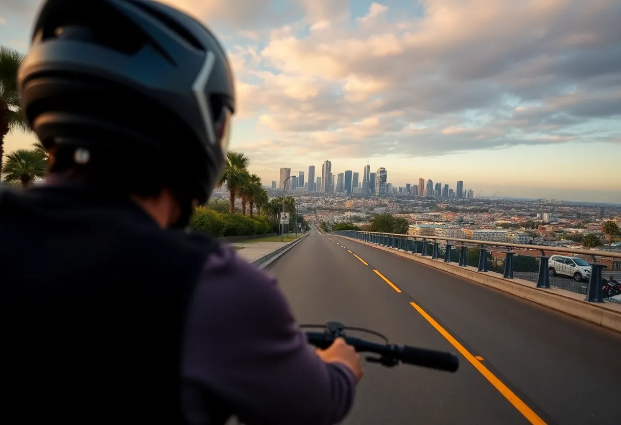 A cyclist riding through San Diego with a vibrant city backdrop.