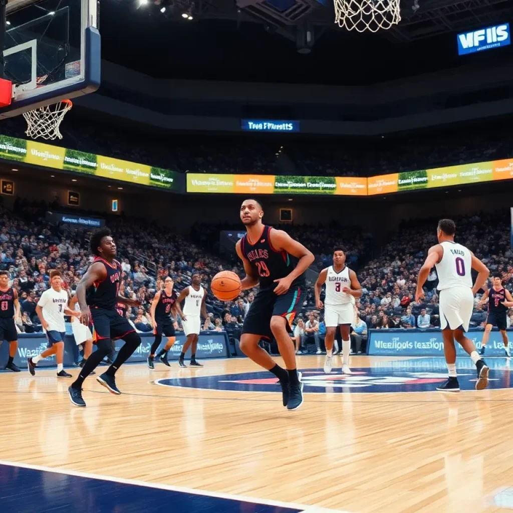 Action shot of a men's basketball game with players in motion.
