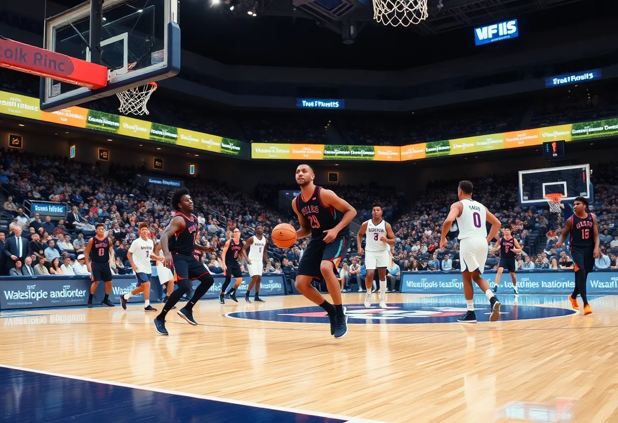 Action shot of a men's basketball game with players in motion.