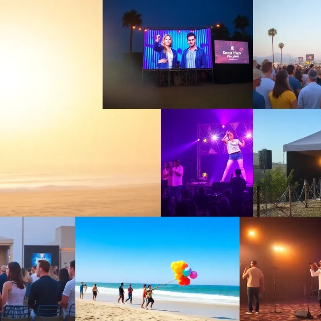 A collage depicting various events in San Diego including outdoor festivals and performances.