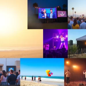 A collage depicting various events in San Diego including outdoor festivals and performances.
