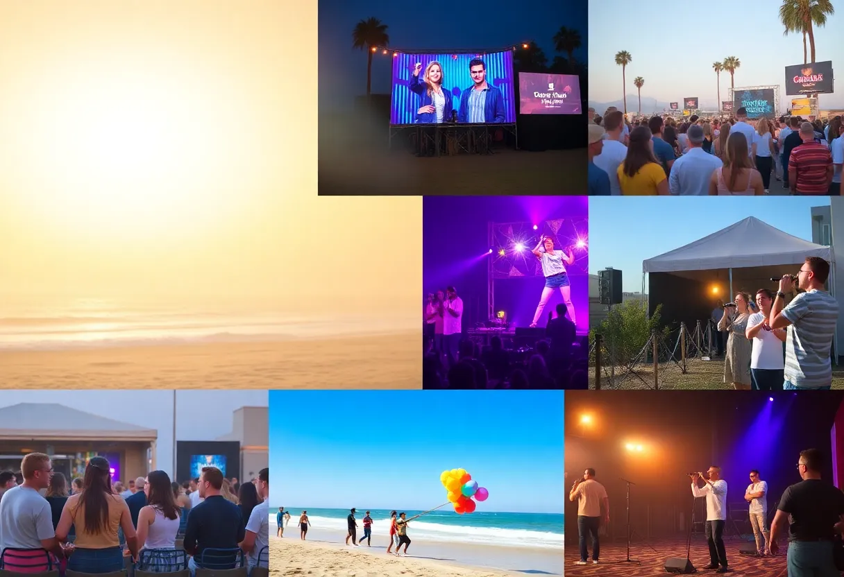 A collage depicting various events in San Diego including outdoor festivals and performances.