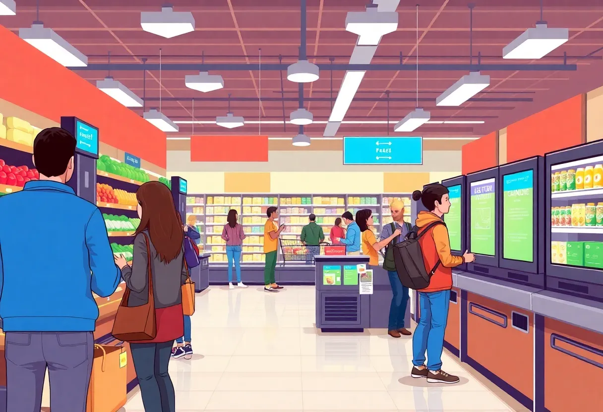 Self-checkout kiosks in a California grocery store