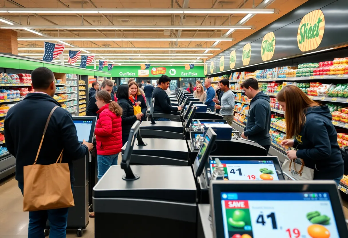 Self-checkout lanes in a California grocery store