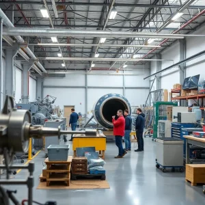 Engineers collaborating in an aerospace workshop in Southern California