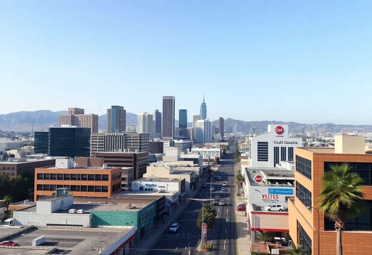 An urban landscape of Southern California showing job growth and decline.