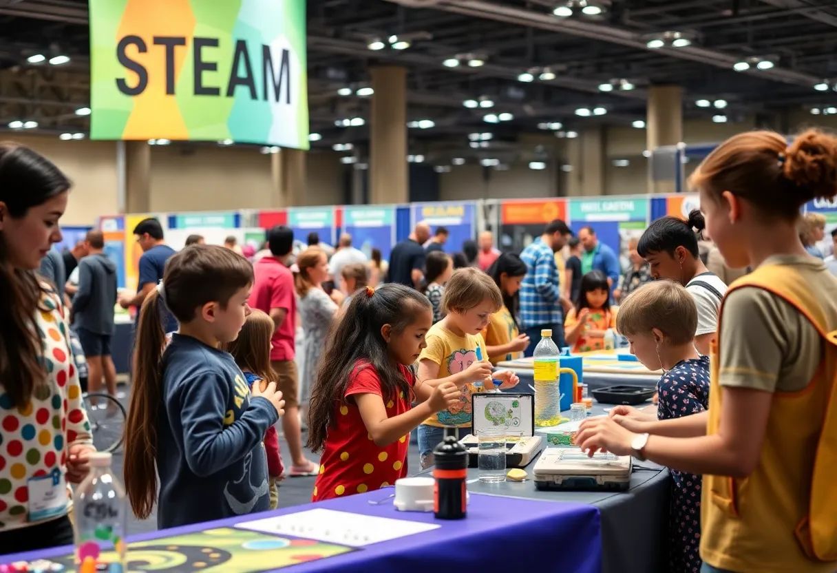 Children and families participating in STEAM activities at the conference