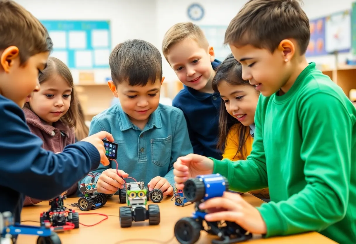 Elementary students participating in a robotics program.