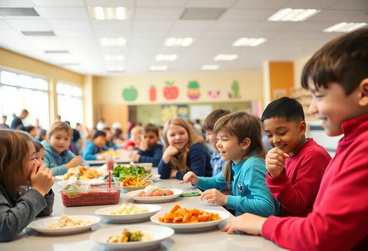 Students enjoying healthy meals in a cafeteria