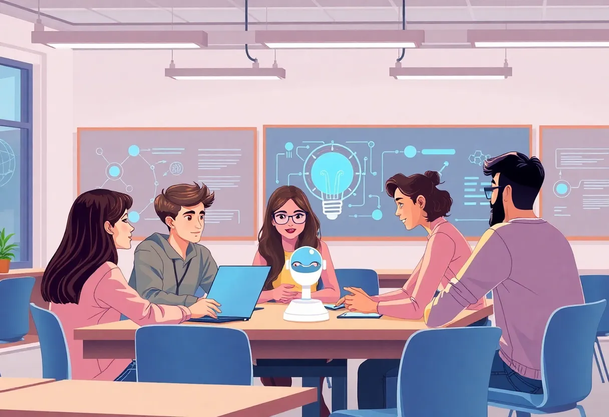 Diverse students collaborating on AI projects in a classroom environment