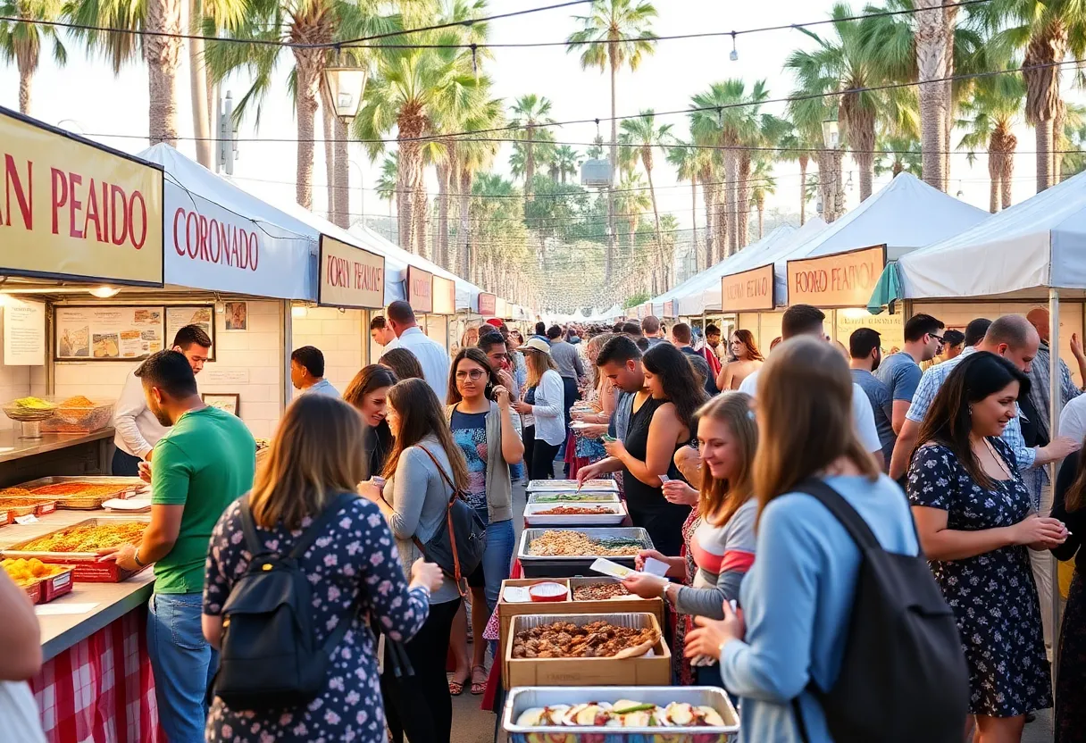 Outdoor culinary festival in Coronado featuring local food stalls and community members enjoying the event