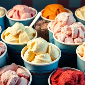 Variety of Thrifty Ice Cream flavors displayed in colorful containers