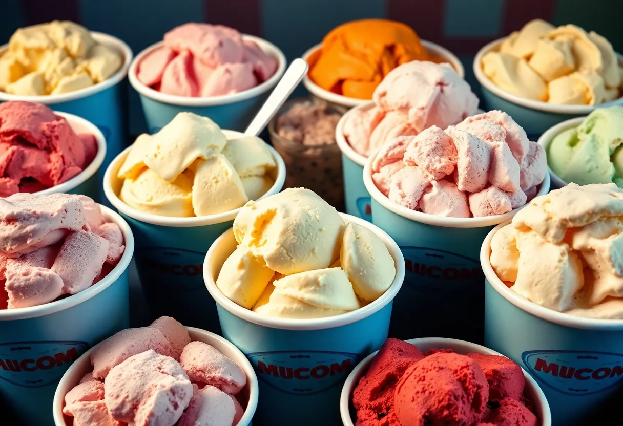 Variety of Thrifty Ice Cream flavors displayed in colorful containers