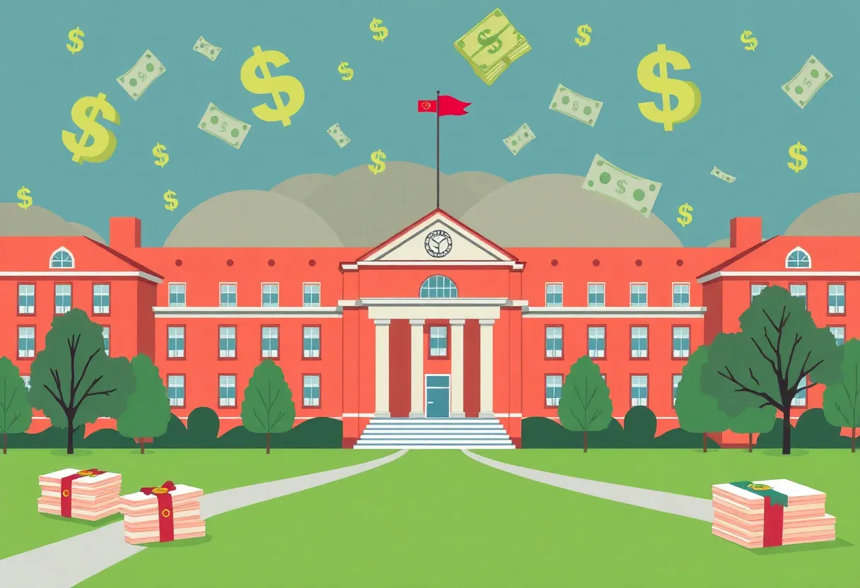Illustration of university campus with financial symbols representing funding crisis.
