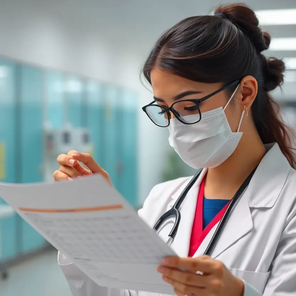Medical professional reviewing vaccination records in a healthcare setting