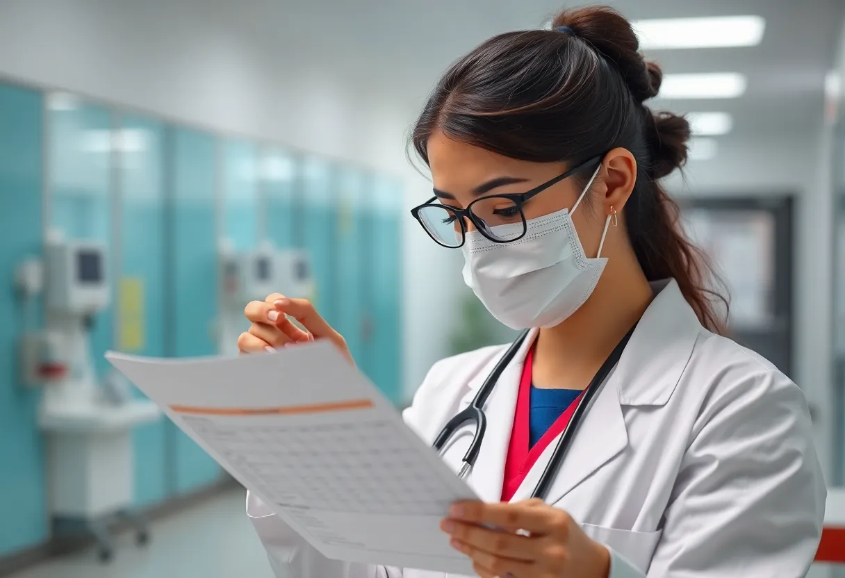 Medical professional reviewing vaccination records in a healthcare setting