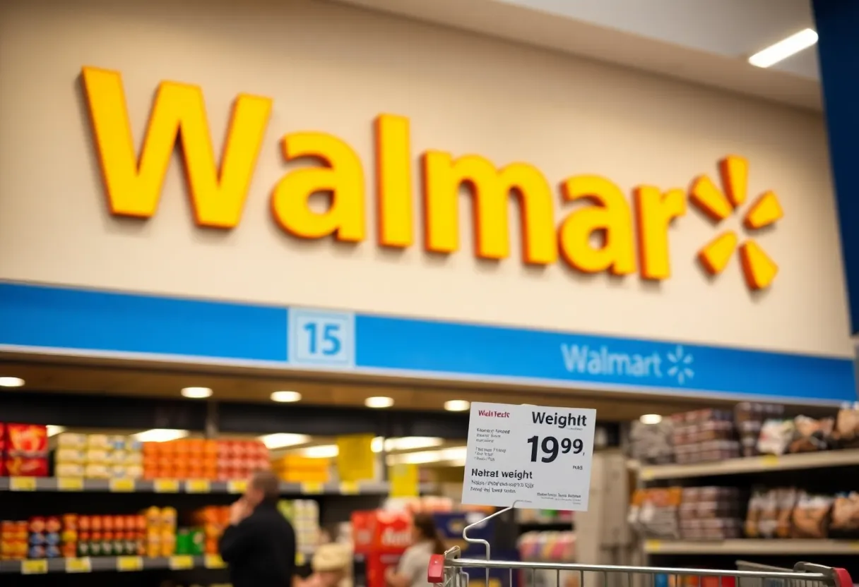 Walmart store exterior with visible pricing tags on products