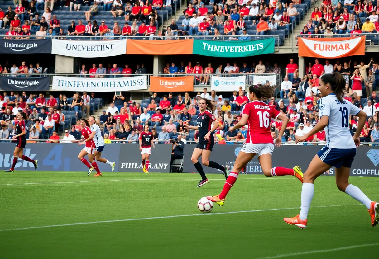 Women’s soccer players in action during a WCC match