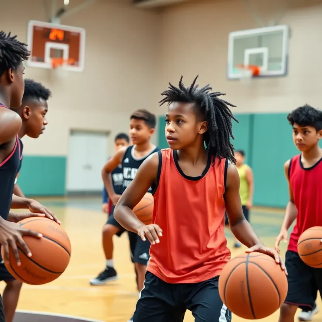Young athletes practicing basketball drills in a gym.