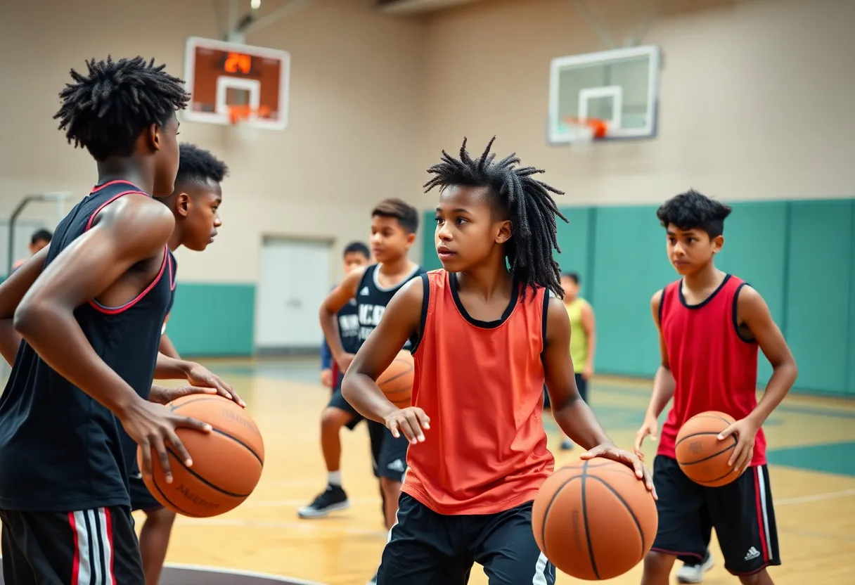 Young athletes practicing basketball drills in a gym.