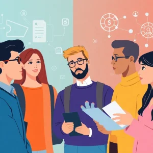 Artwork depicting college students and AI technology in financial aid processes