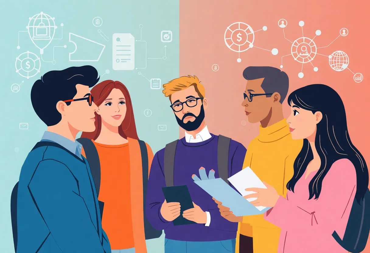 Artwork depicting college students and AI technology in financial aid processes