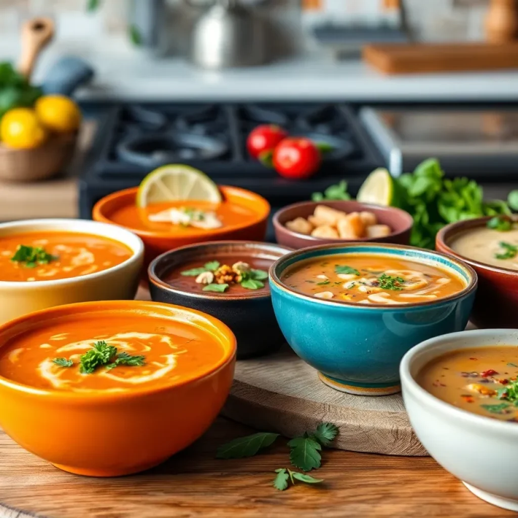 An assortment of colorful homemade soups served in bowls on a wooden table.