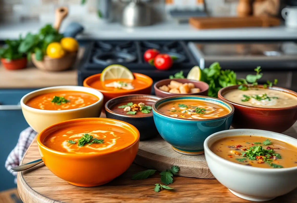 An assortment of colorful homemade soups served in bowls on a wooden table.