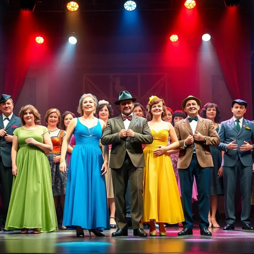 Diverse cast performing on stage in a musical setting