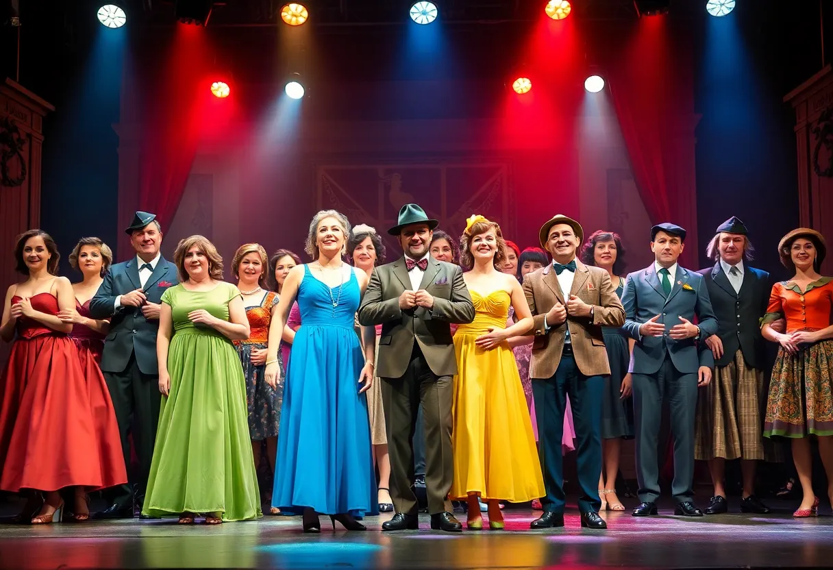 Diverse cast performing on stage in a musical setting