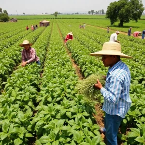 Workers in a California farm field facing labor shortages due to immigration policies.