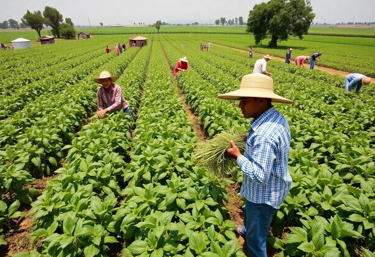 Workers in a California farm field facing labor shortages due to immigration policies.
