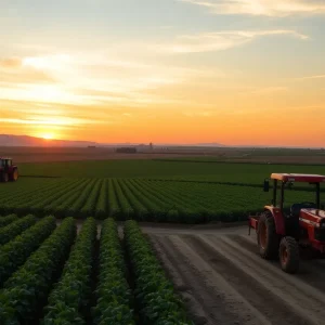 Vibrant agricultural landscape in California with fields and sunset