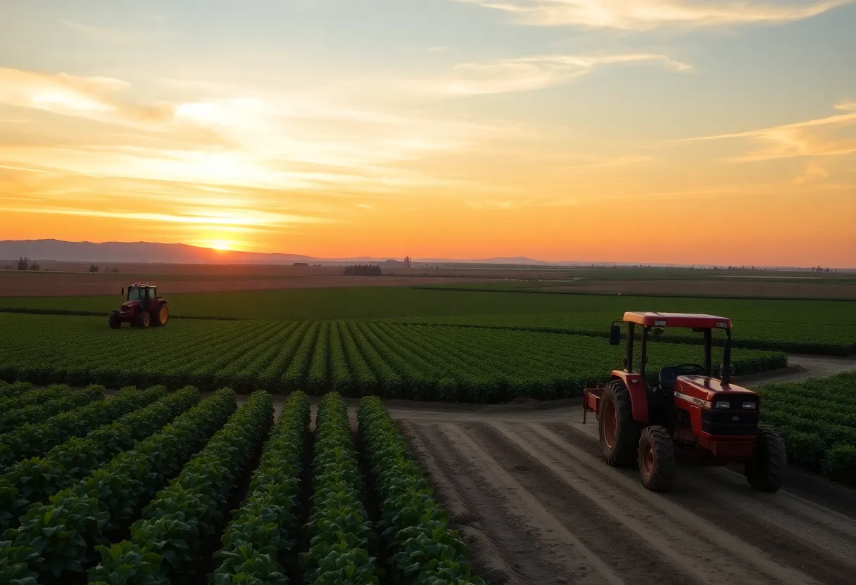 Vibrant agricultural landscape in California with fields and sunset