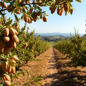 Almond trees loaded with ripe almonds during the harvest season in California.