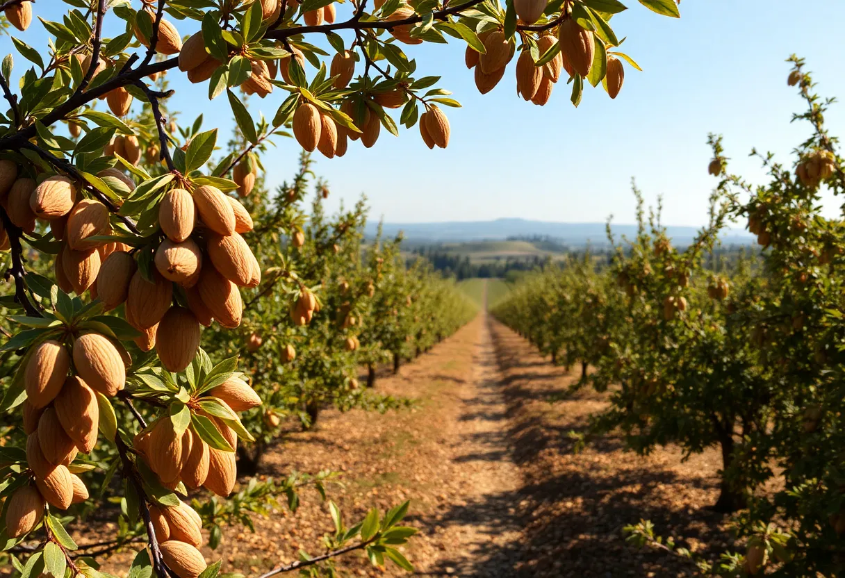Almond trees loaded with ripe almonds during the harvest season in California.
