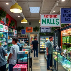 A cannabis dispensary in California showing products and customers.