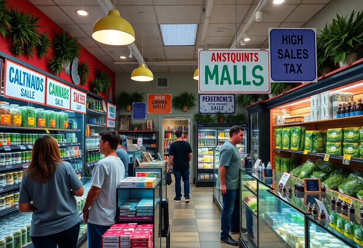 A cannabis dispensary in California showing products and customers.