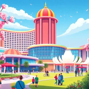 A modern casino resort in California with visitors and nature around.