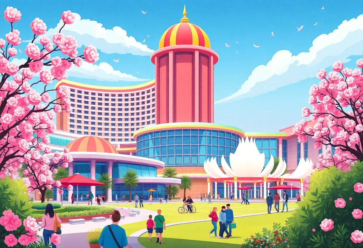 A modern casino resort in California with visitors and nature around.