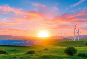 A landscape of California showcasing renewable energy sources like solar panels and wind turbines.