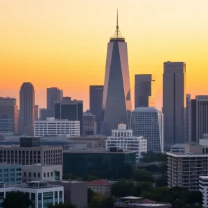 Visual depiction of corporate buildings against California skyline symbolizing business relocation.