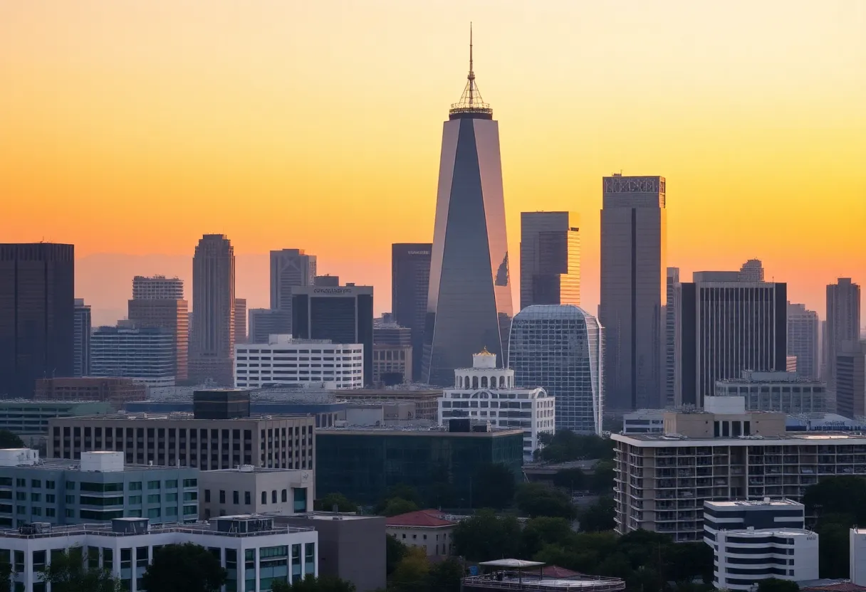 Visual depiction of corporate buildings against California skyline symbolizing business relocation.