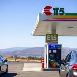 E15 fuel sign at a gas station in California