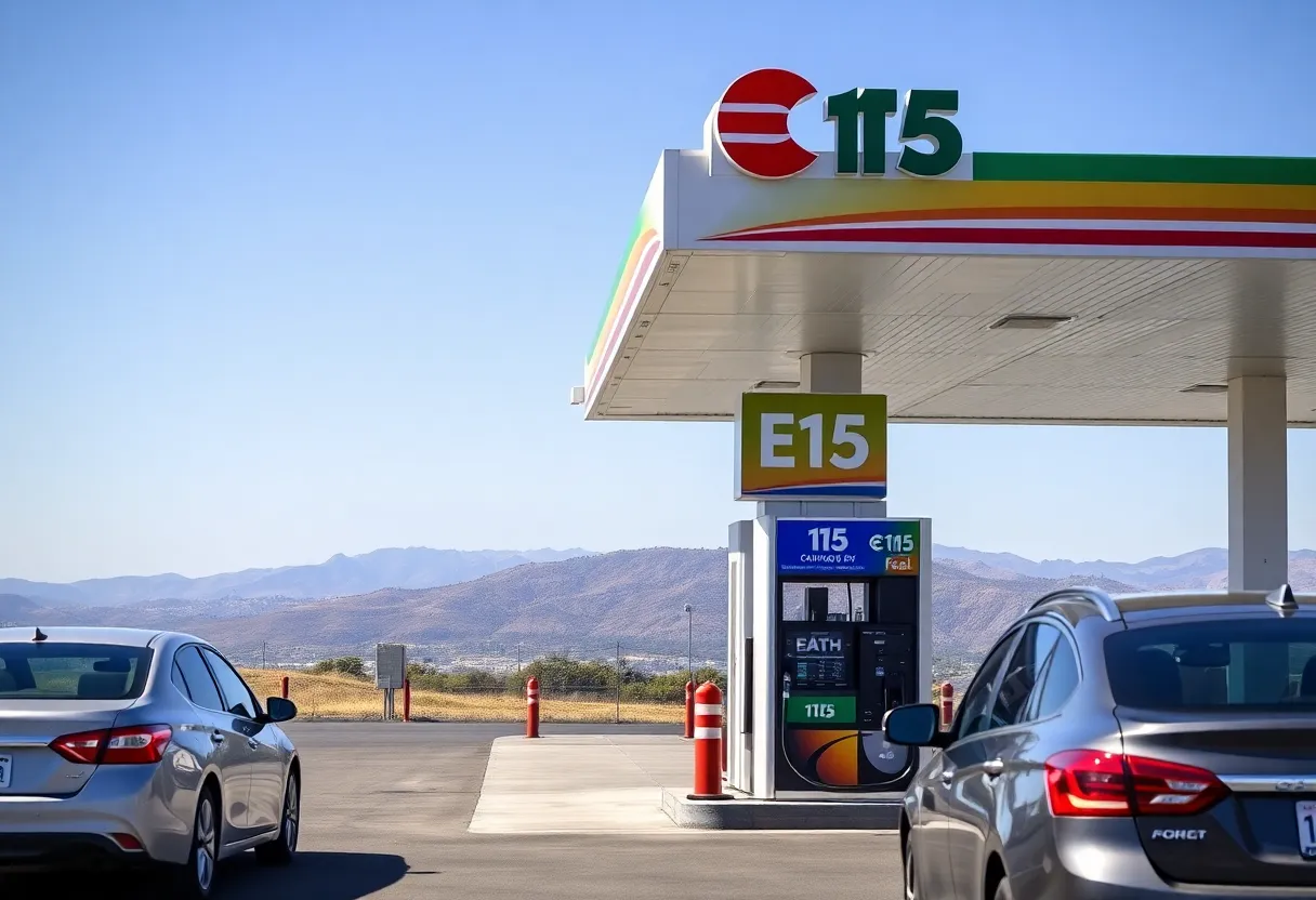 E15 fuel sign at a gas station in California