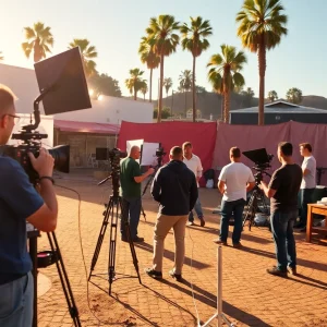 Film crew working on a production set in California