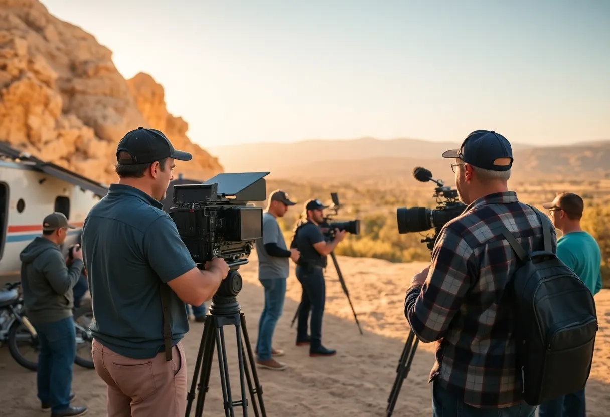 A film crew working on location in California's scenic landscapes.