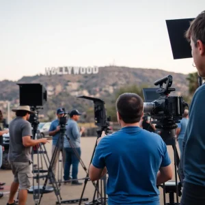 Crew members working on a television production set in California