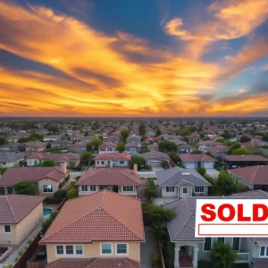 Aerial view of California neighborhoods with 'For Sale' signs